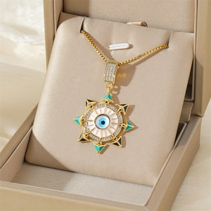 Bohemian Stainless Steel Evil Eye Pendant Necklace Sunburst Rhinestone Gold Plated Box Chain Necklace Jewelry For Women