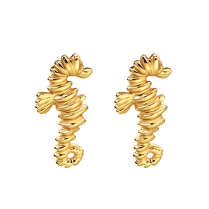 Minimalist 18K gold plated stainless steel stud earrings in unique seahorse design