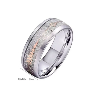 Detailed view of 8mm wide men's titanium ring with brushed silver finish and grey inlay