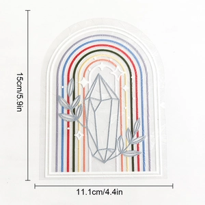 Detailed view of rainbow prism window cling showing dimensions 15x11.1cm and textured patterns