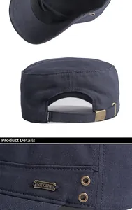 Detail of navy cotton cadet cap showing metal buckle, side air vents and Sports emblem