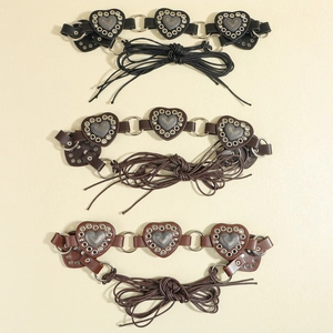Three heart-shaped rivet leather belts in black, dark brown, and reddish brown colors