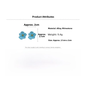 Detail view of blue flower stud earring showing dimensions and alloy materials