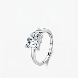 925 Sterling Silver Ring Heart And Emerald Cut Cubic Zirconia Toi Et Moi Engagement Wedding Jewelry For Women