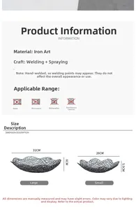 Detailed size chart for Nordic black wire fruit baskets with dimensions and material specs