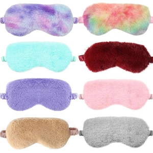 Soft plush sleep eye masks in various colorful tie-dye and solid faux rabbit fur styles