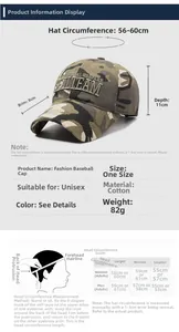Size chart for camo baseball cap showing 56-60cm circumference and measurement guide