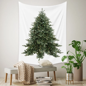 Detailed interior view of a Christmas tree tapestry hung above a cozy bench setup