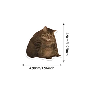 Detail view of cartoon fat cat sticker showing dimensions of 4.9cm by 4.98cm on white background