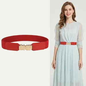 Elastic red belt with gold metal buckle for dresses and coats, stylish waist accessory