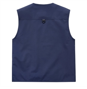 Detail view of the back of navy blue outdoor utility vest with a metal D-ring attachment