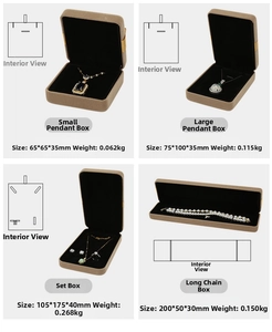 Detailed view of four khaki velvet jewelry boxes in different sizes for pendants and necklaces
