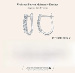 Detail view of U-shaped 925 silver moissanite earrings with intricate side engravings