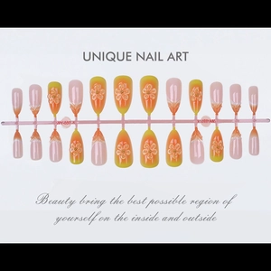 Detail of 24pcs gradient almond press-on nails with 3D embossed flowers and beads