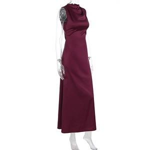Detail of burgundy sleeveless satin dress featuring an elegant cowl neck and sleek silhouette