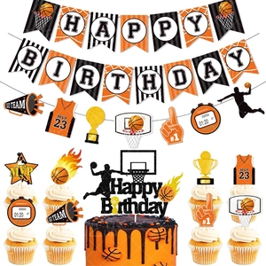 Kit déco fête d'anniversaire basket avec bannière Happy Birthday et pics pour gâteaux