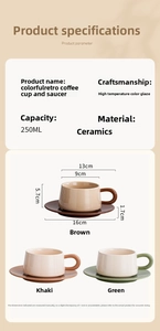 Detailansicht der 250ml Keramik Kaffeetasse und Untertasse mit Maßen und Glasuroptik