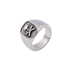 Detailed side view of vintage silver skull and crossbones ring with polished finish