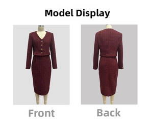 Detailed front and back views of wine red tweed skirt suit with gold buttons