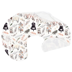 Detail of baby nursing pillow cover with watercolor polar bear and forest pattern