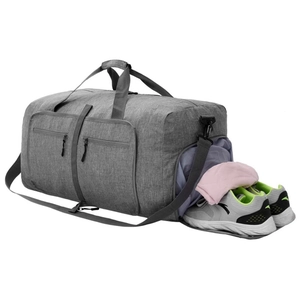 Grey large capacity travel duffel bag with independent shoe compartment and shoulder strap
