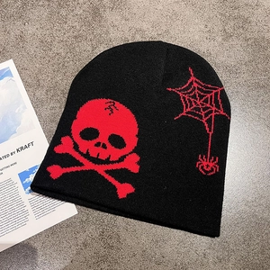 Macro shot of black knitted beanie with red skull and spider web graffiti print