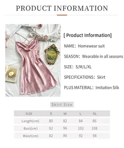 Detailed size chart for pink imitation silk nightgown with length and chest measurements