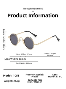 Detailed dimension guide for mini round retro sunglasses with gold metal frame
