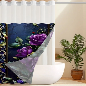 Waterproof polyester bath curtain with purple rose floral print and metal grommets