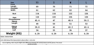 Size chart for women's oxford shirt detailing measurements from XS to L in centimeters