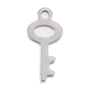 Minimalist silver stainless steel key pendant charm with top ring on white background