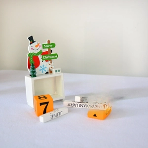 Christmas wooden block perpetual calendar with Santa and Snowman holiday desk decor