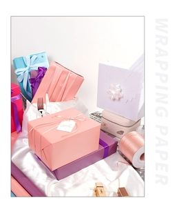 Close-up of premium pearlescent wrapping paper with elegant satin ribbons and gift tags
