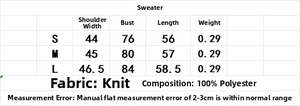 Detailed size chart for knit sweater showing S, M, L measurements in centimeters