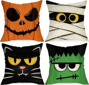 Set of four linen Halloween cushion covers with pumpkin, mummy, cat, and monster designs