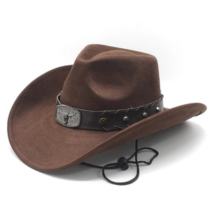 Western Cowboy Hat Vintage Suede Felt With Bull Head Buckle Adjustable Chin Strap Wide Brim Outdoor Sun Hat