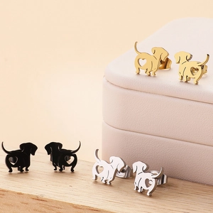 Dachshund Dog Stud Earrings Stainless Steel With Hollow Heart Cute Animal Silhouette Jewelry For Women Fashion