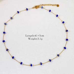 Detail of 14k gold necklace with blue square gems, length 41+5cm and weight 3.1g