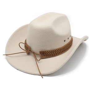 British style beige wool felt western cowboy hat with brown braided trim and metal eyelets