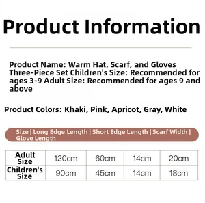 Size chart for bear plush hat scarf glove set showing adult and child dimensions
