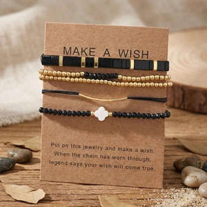 Bohemian Handgemachtes Mehrlagiges Perlenarmband-Set Für Damen Schwarz Gold Kreuz Anhänger Wunschkarte Verstellbarer Schmuck
