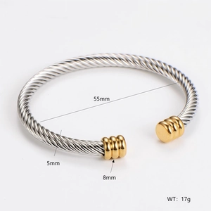 Detailed view of two-tone cable wire bracelet showing dimensions 55mm inner diameter