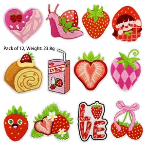 Set of 12 cute strawberry embroidered patches for kids' clothing and DIY sewing crafts
