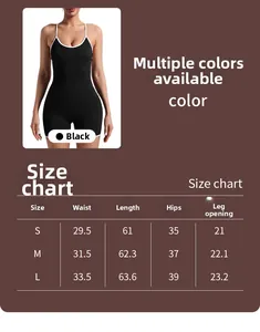Detailed size chart for black cross back yoga bodysuit with S M L measurements