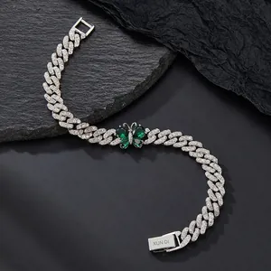 Luxurious silver Cuban chain necklace with emerald green butterfly and zircon stones