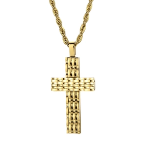 Punk style gold plated stainless steel cross necklace with diamond pattern and twist chain