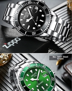 Macro view of automatic business watch with steel strap and calendar magnification