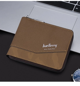 Detailed texture of brown leather Baellerry short wallet with stitching and metal logo