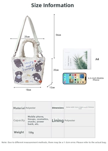 Detailed size guide for kitten bucket bag showing 18x20x12cm dimensions and capacity