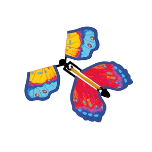 Detailed view of a multi-colored mechanical flying butterfly toy with intricate wing patterns